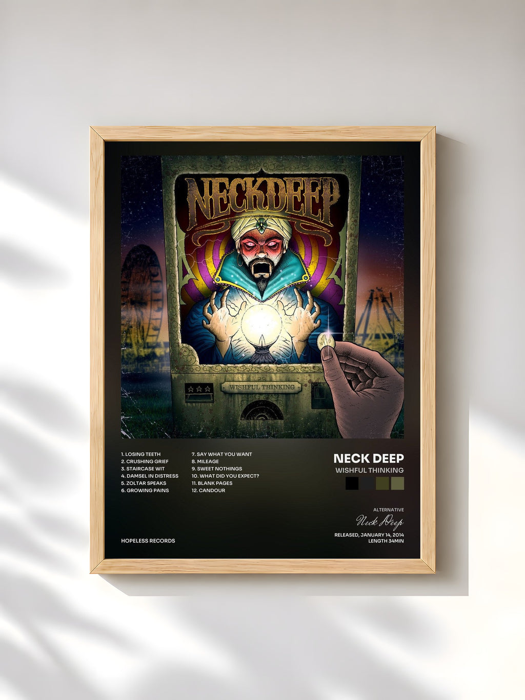 #bois Tableau de l'album Wishful Thinking de Neck Deep, cadre en bois brut, imprimé et encadré en France