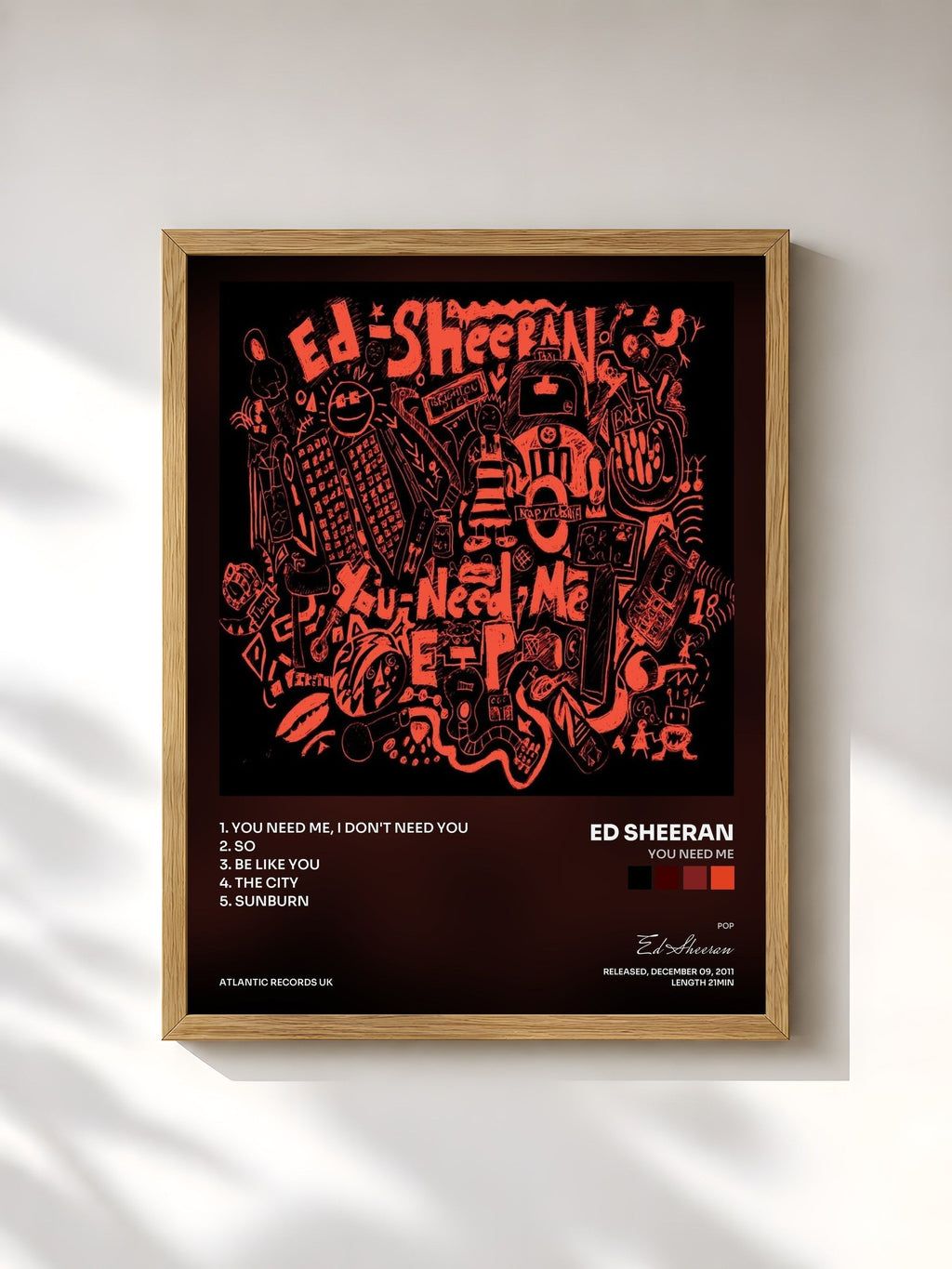 #bois Tableau de l'album You Need Me de Ed Sheeran, cadre en bois brut, imprimé et encadré en France