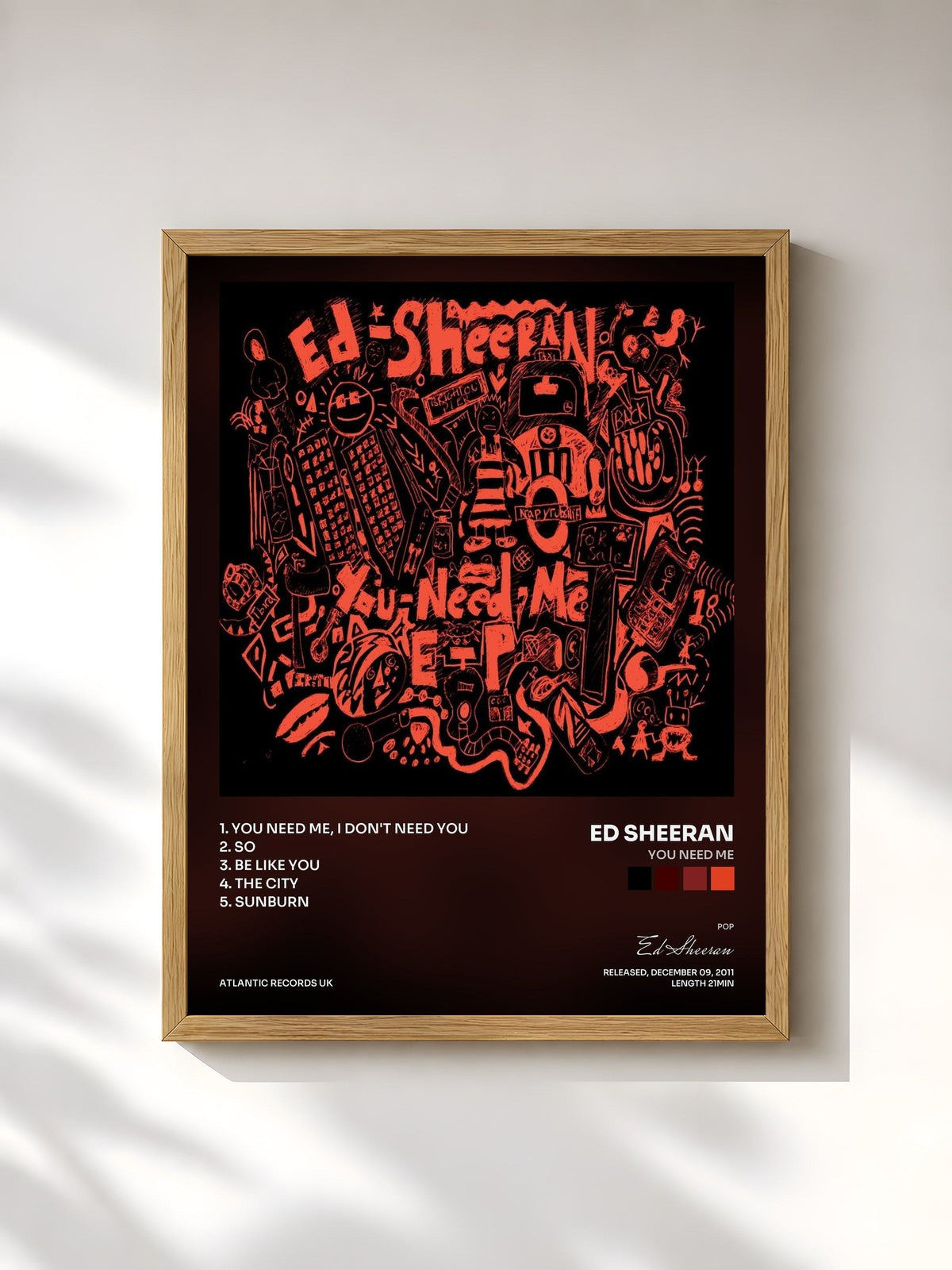 #bois Tableau de l'album You Need Me de Ed Sheeran, cadre en bois brut, imprimé et encadré en France