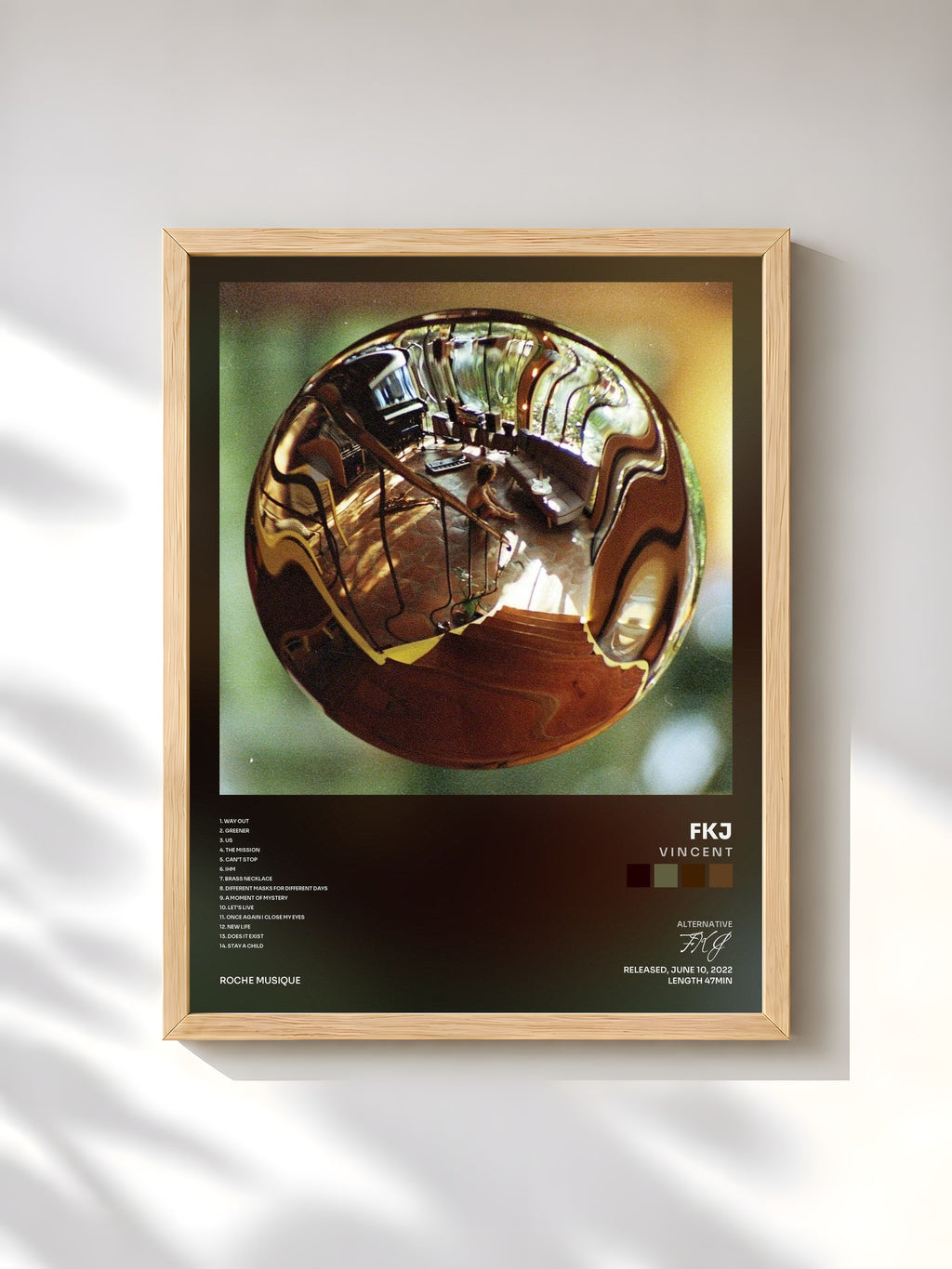 #bois Tableau de l'album V I N C E N T de FKJ, cadre en bois brut, imprimé et encadré en France