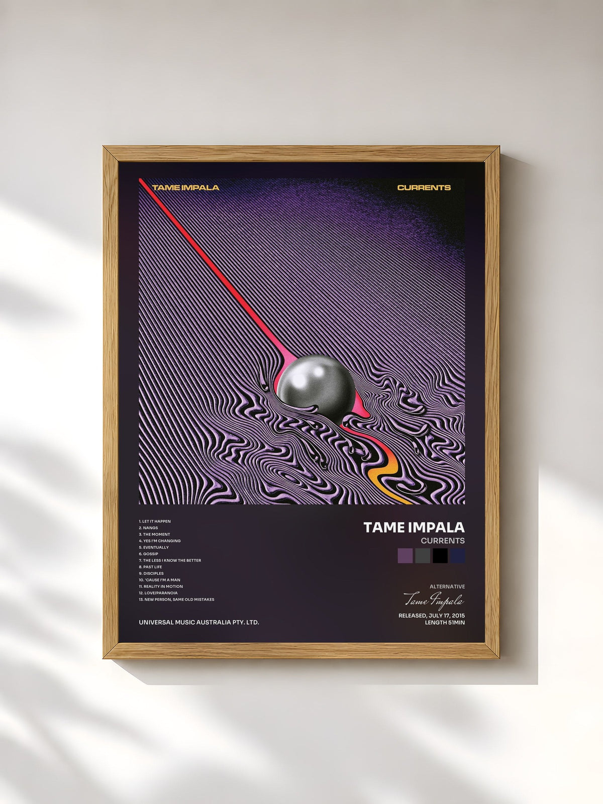 #bois Tableau de l'album Currents de Tame Impala, cadre en bois brut, imprimé et encadré en France