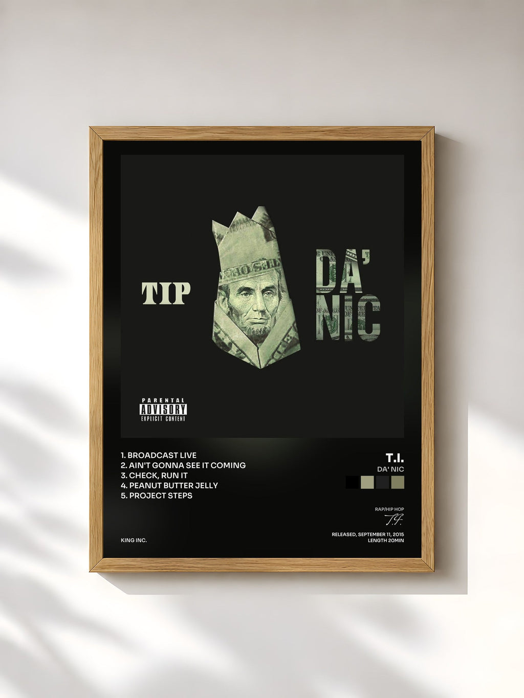 #bois Tableau de l'album Da' Nic de T.I., cadre en bois brut, imprimé et encadré en France