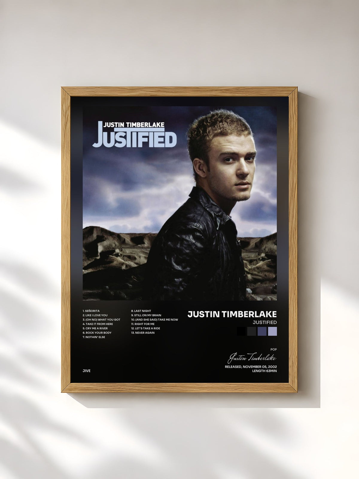 #bois Tableau de l'album Justified de Justin Timberlake, cadre en bois brut, imprimé et encadré en France