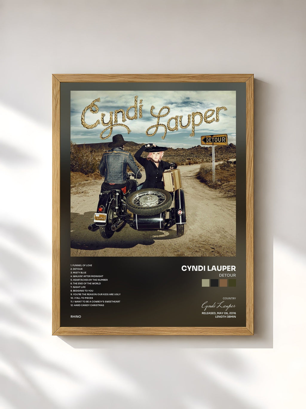 #bois Tableau de l'album Detour de Cyndi Lauper, cadre en bois brut, imprimé et encadré en France