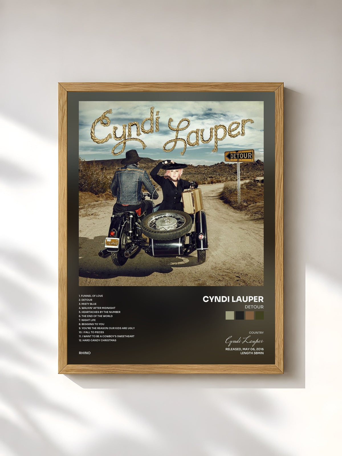 #bois Tableau de l'album Detour de Cyndi Lauper, cadre en bois brut, imprimé et encadré en France