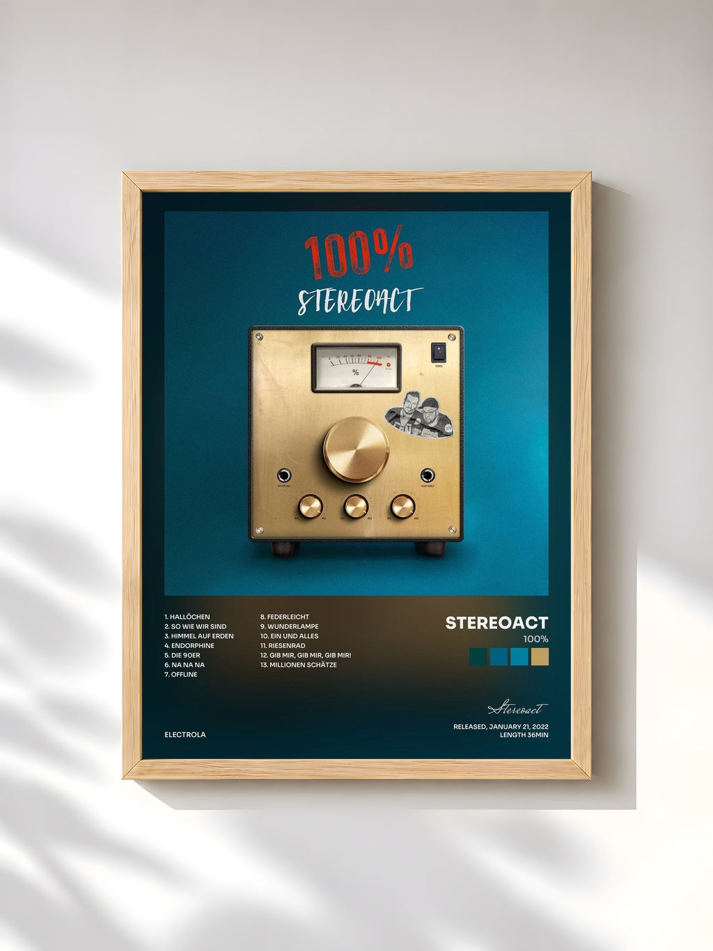 #bois Tableau de l'album 100% de Stereoact, cadre en bois brut, imprimé et encadré en France