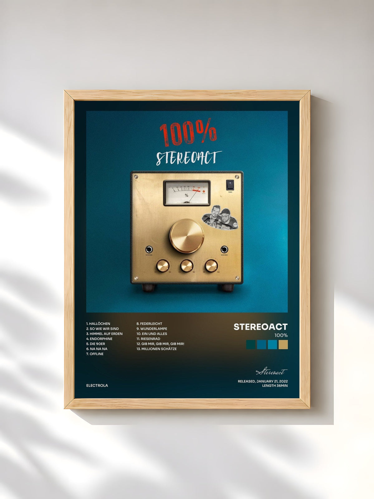 #bois Tableau de l'album 100% de Stereoact, cadre en bois brut, imprimé et encadré en France