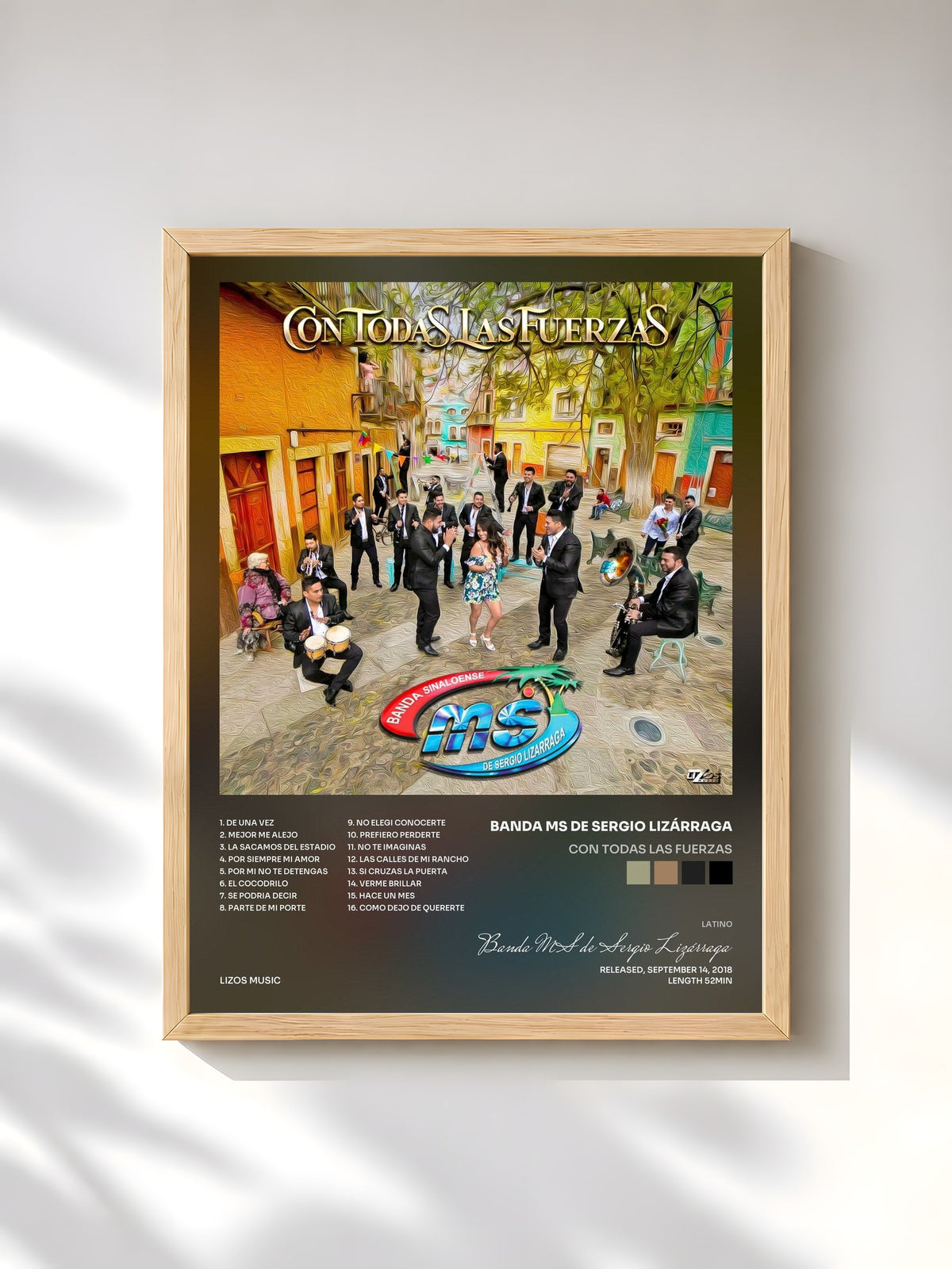 #bois Tableau de l'album Con Todas Las Fuerzas de Banda MS de Sergio Lizárraga, cadre en bois brut, imprimé et encadré en France