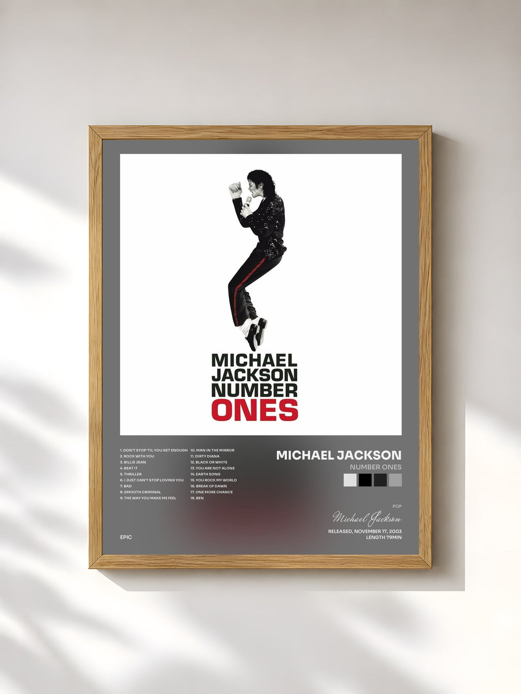 #bois Tableau de l'album Number Ones de Michael Jackson, cadre en bois brut, imprimé et encadré en France