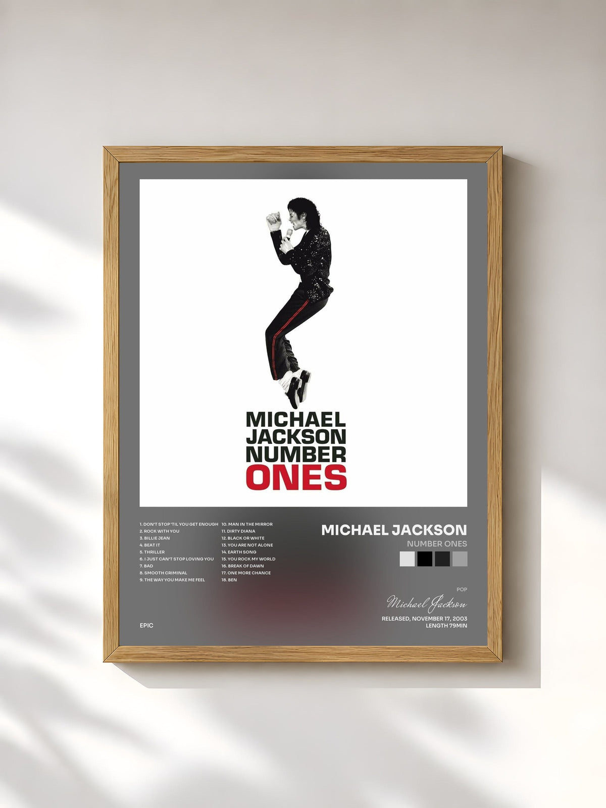 #bois Tableau de l'album Number Ones de Michael Jackson, cadre en bois brut, imprimé et encadré en France