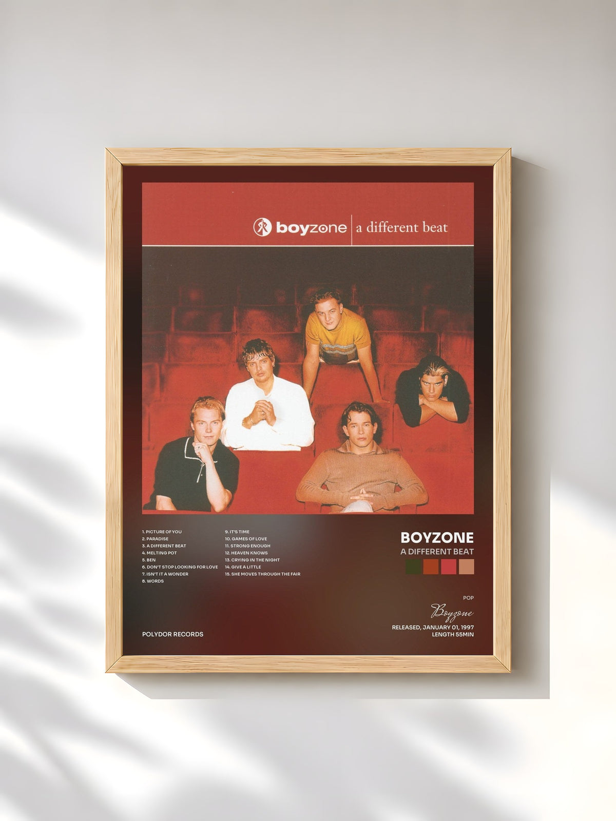 #bois Tableau de l'album A Different Beat de Boyzone, cadre en bois brut, imprimé et encadré en France