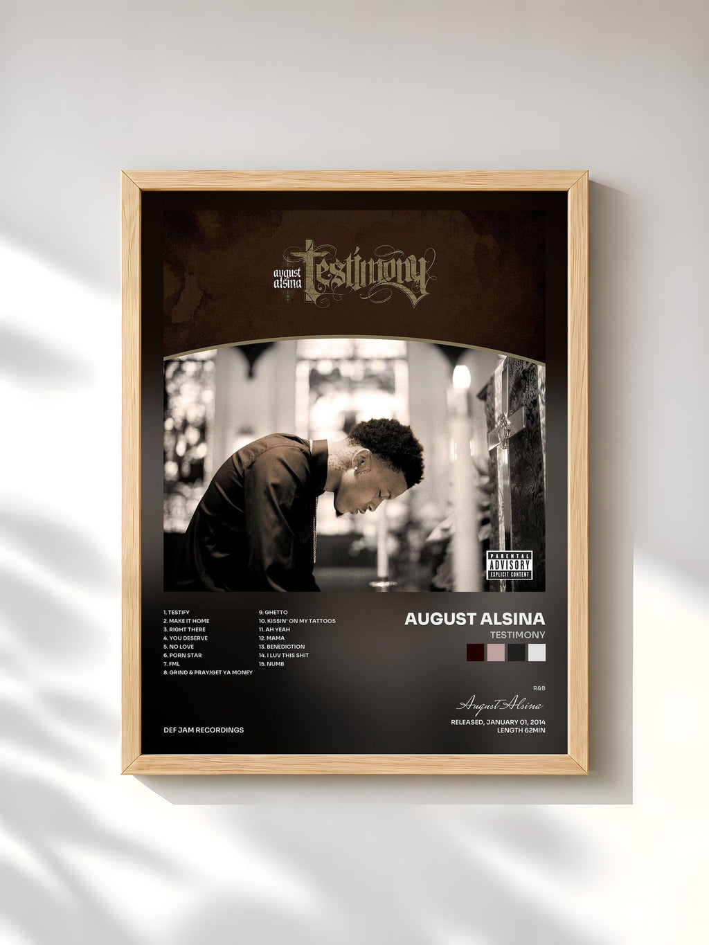 #bois Tableau de l'album Testimony de August Alsina, cadre en bois brut, imprimé et encadré en France
