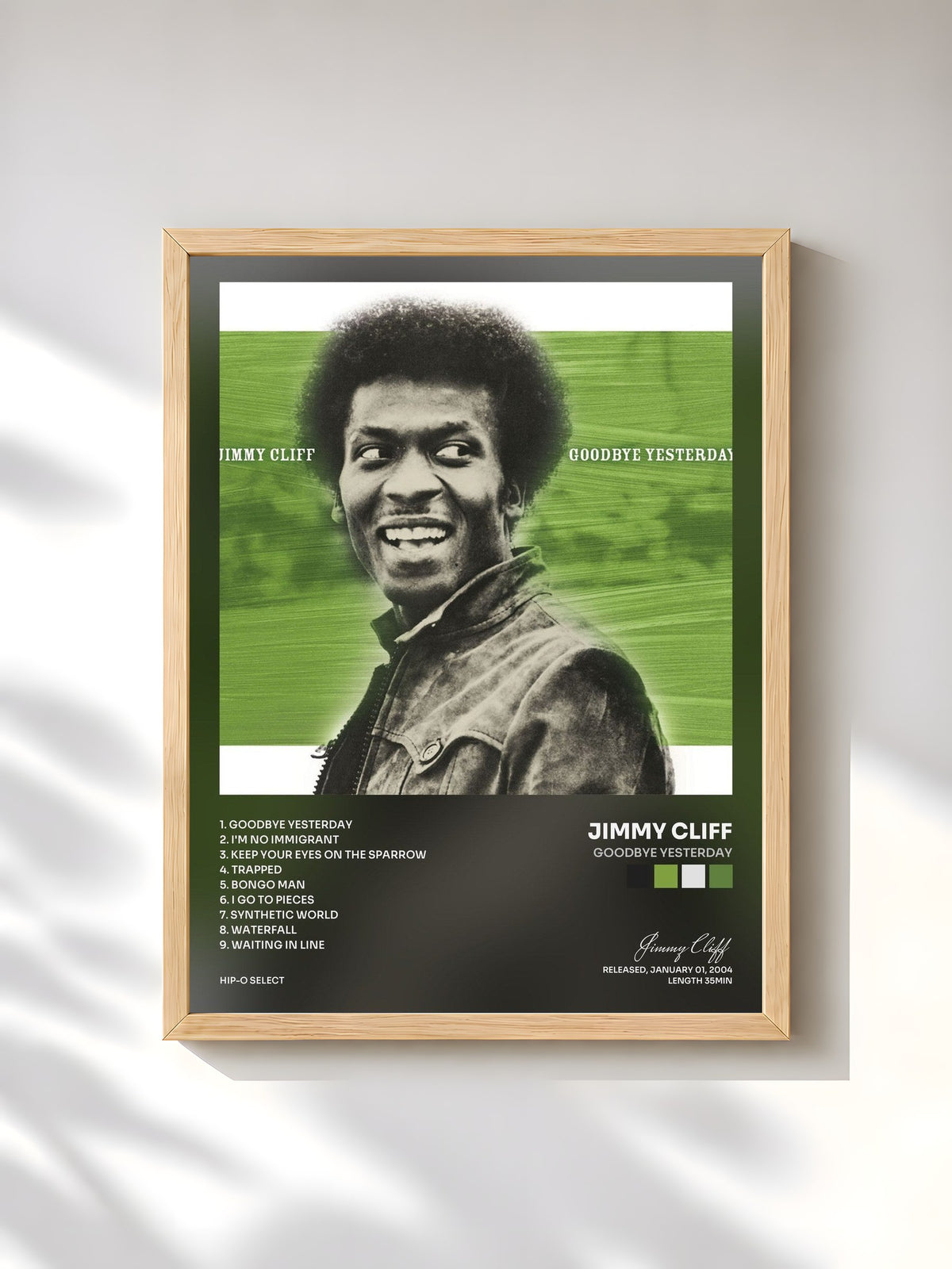 #bois Tableau de l'album Goodbye Yesterday de Jimmy Cliff, cadre en bois brut, imprimé et encadré en France