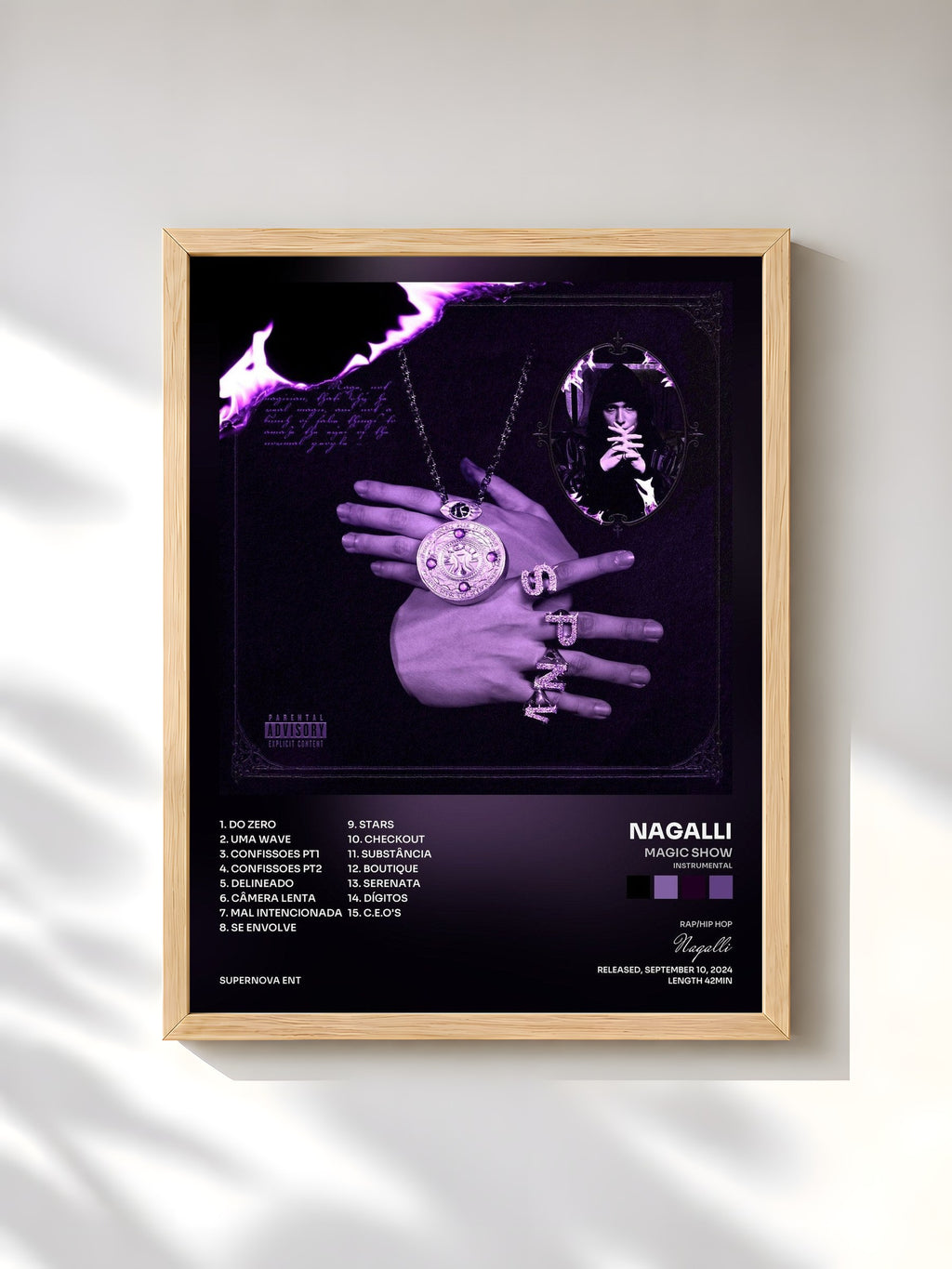 #bois Tableau de l'album MAGIC SHOW (INSTRUMENTAL) de Nagalli, cadre en bois brut, imprimé et encadré en France