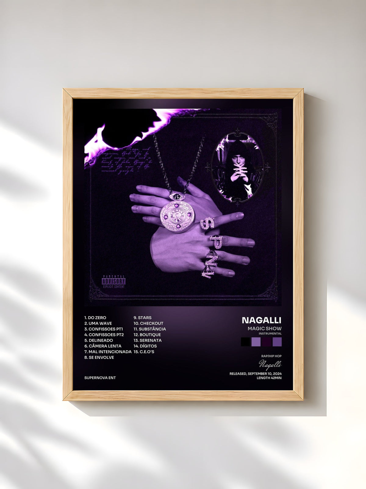 #bois Tableau de l'album MAGIC SHOW (INSTRUMENTAL) de Nagalli, cadre en bois brut, imprimé et encadré en France
