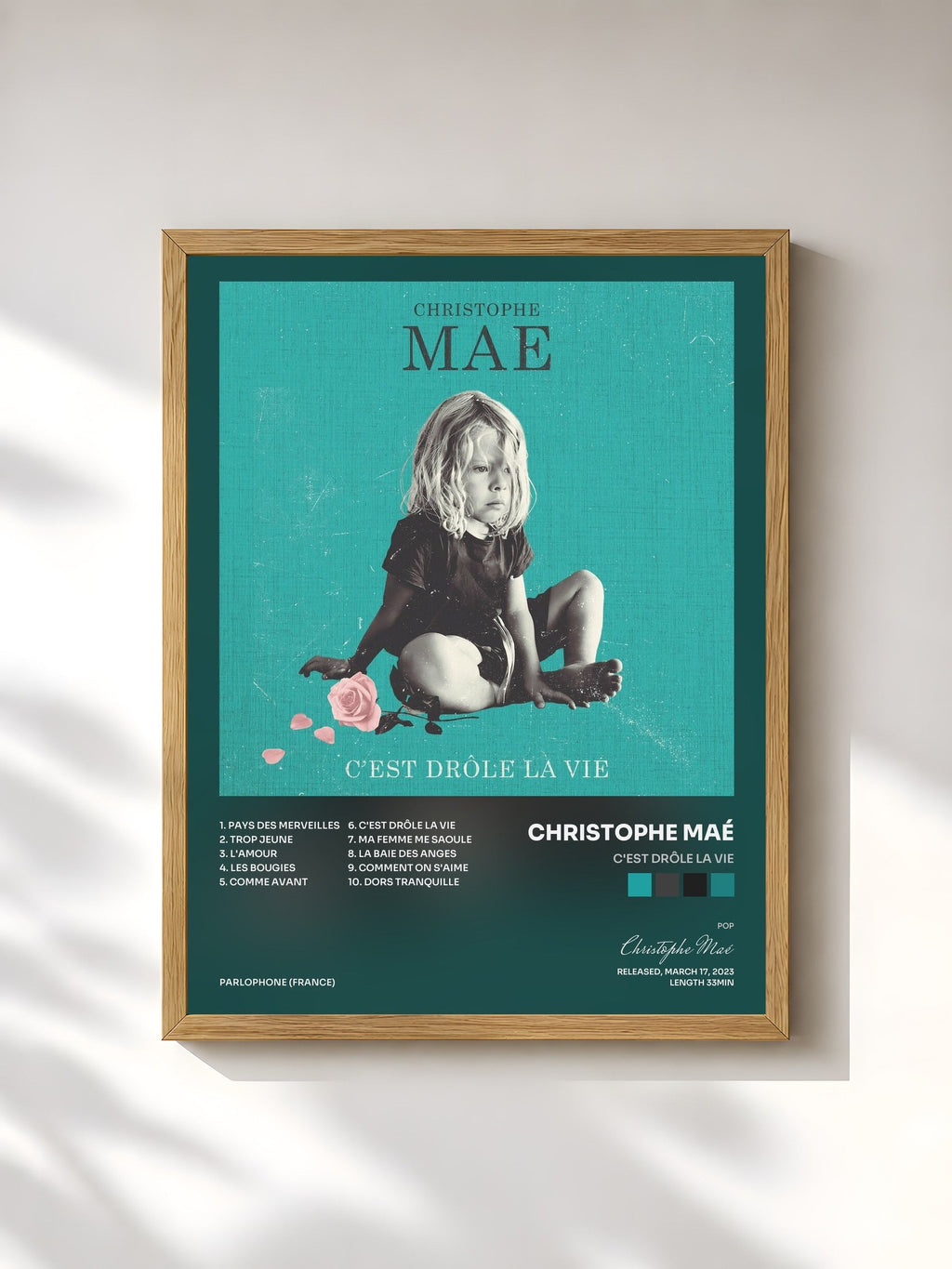 #bois Tableau de l'album C'est drôle la vie de Christophe Maé, cadre en bois brut, imprimé et encadré en France
