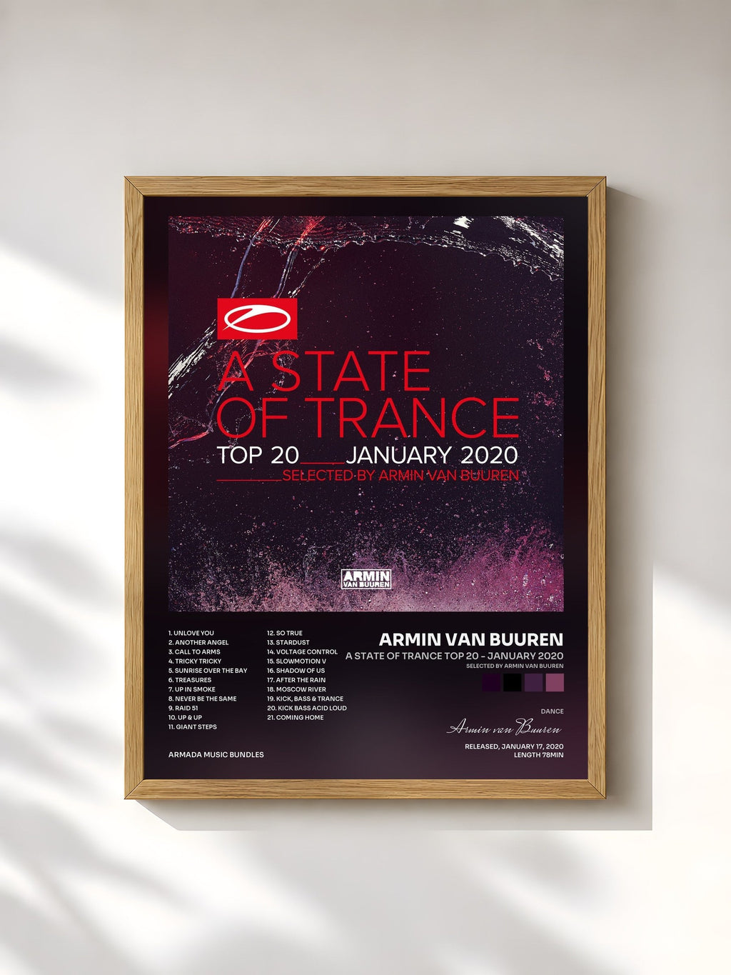 #bois Tableau de l'album A State Of Trance Top 20 - January 2020 (Selected by Armin van Buuren) de Armin van Buuren, cadre en bois brut, imprimé et encadré en France