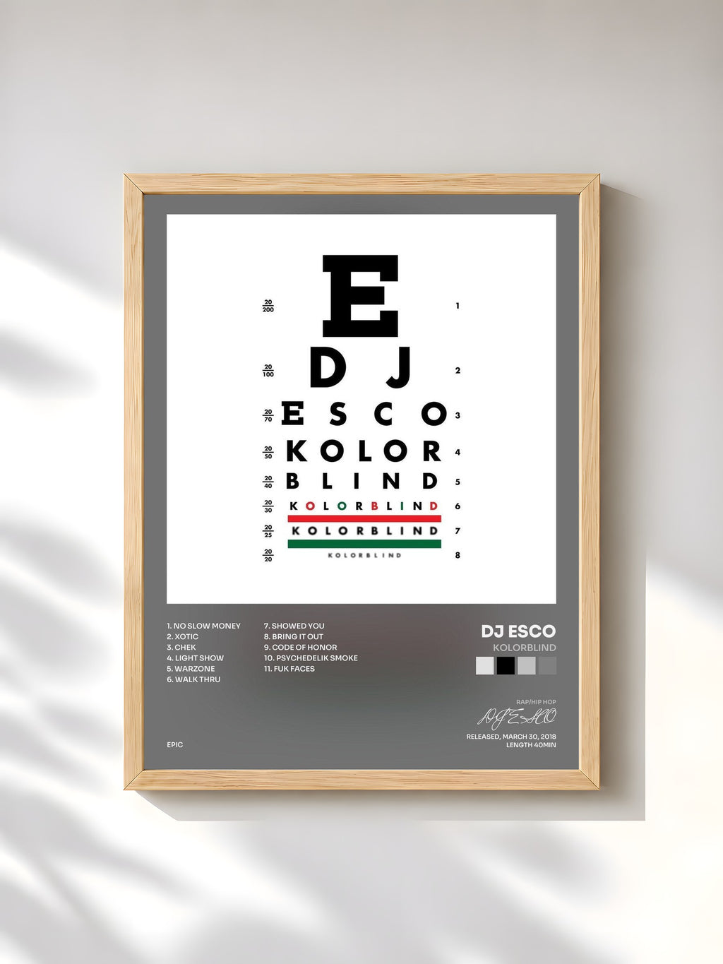 #bois Tableau de l'album KOLORBLIND de DJ ESCO, cadre en bois brut, imprimé et encadré en France