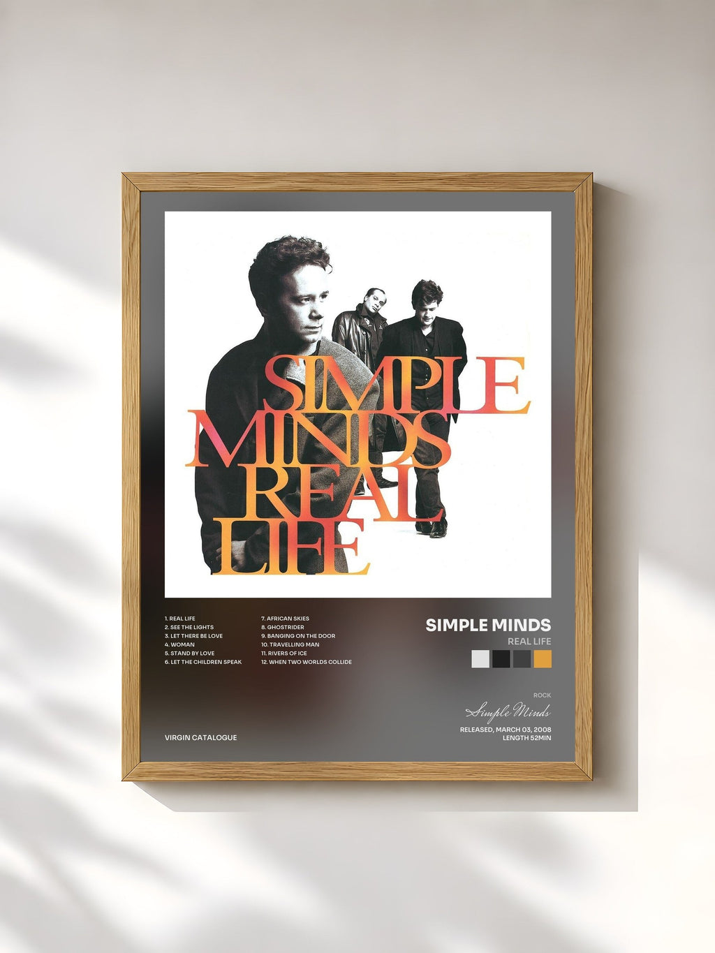#bois Tableau de l'album Real Life de Simple Minds, cadre en bois brut, imprimé et encadré en France
