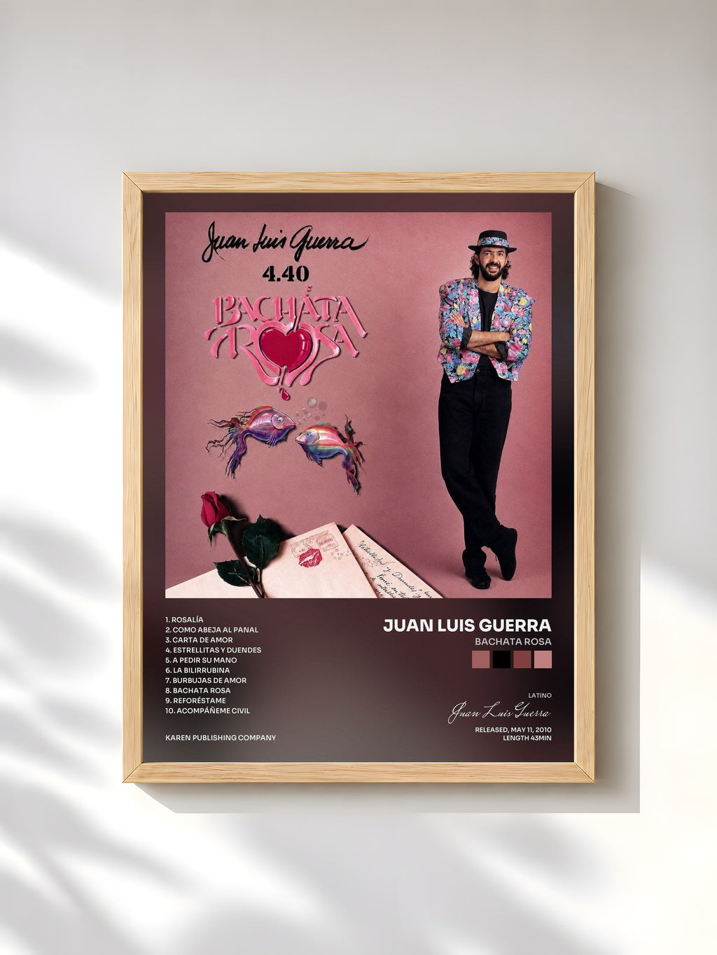 #bois Tableau de l'album Bachata Rosa de Juan Luis Guerra, cadre en bois brut, imprimé et encadré en France