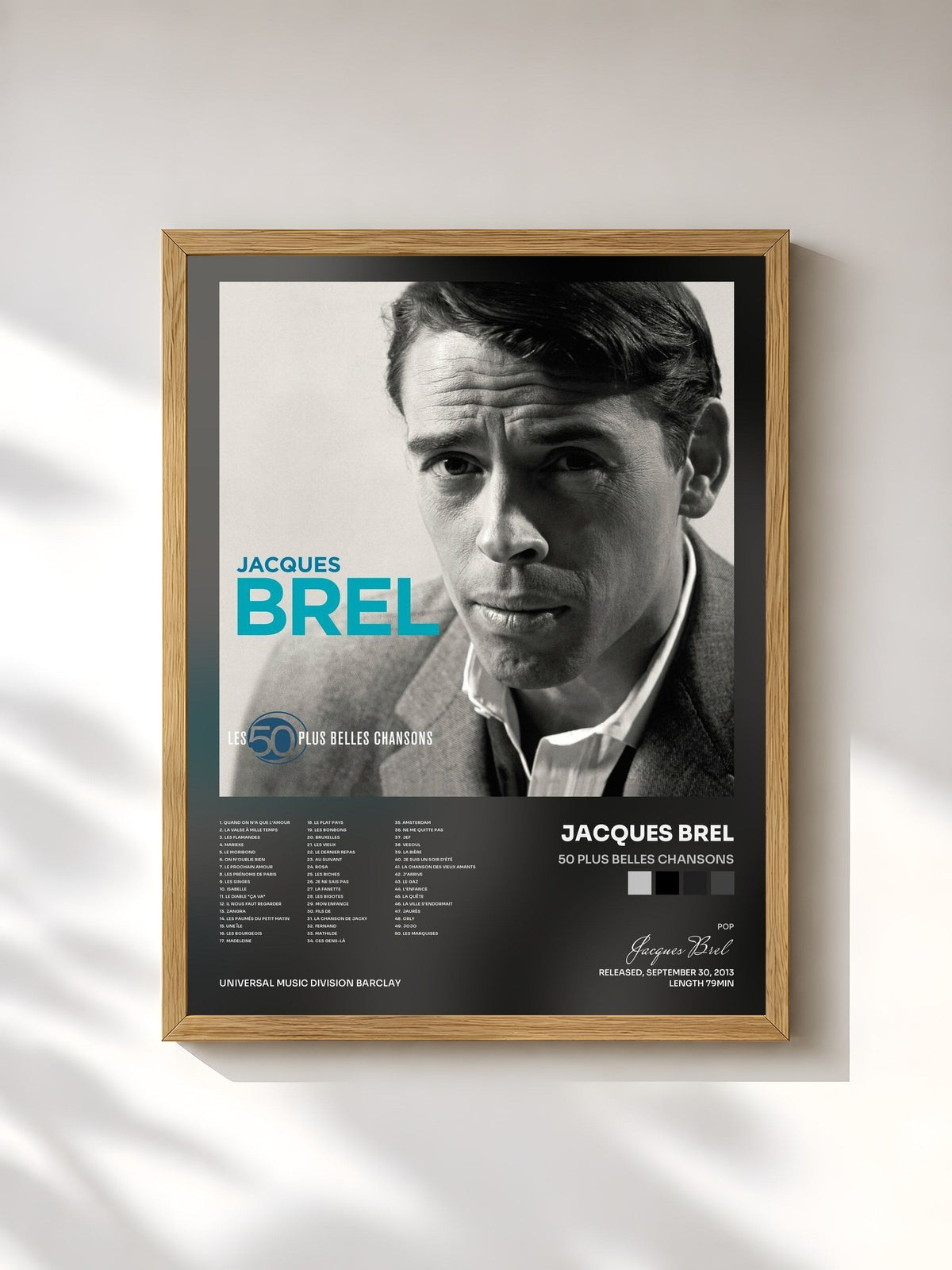 #bois Tableau de l'album 50 Plus Belles Chansons de Jacques Brel, cadre en bois brut, imprimé et encadré en France
