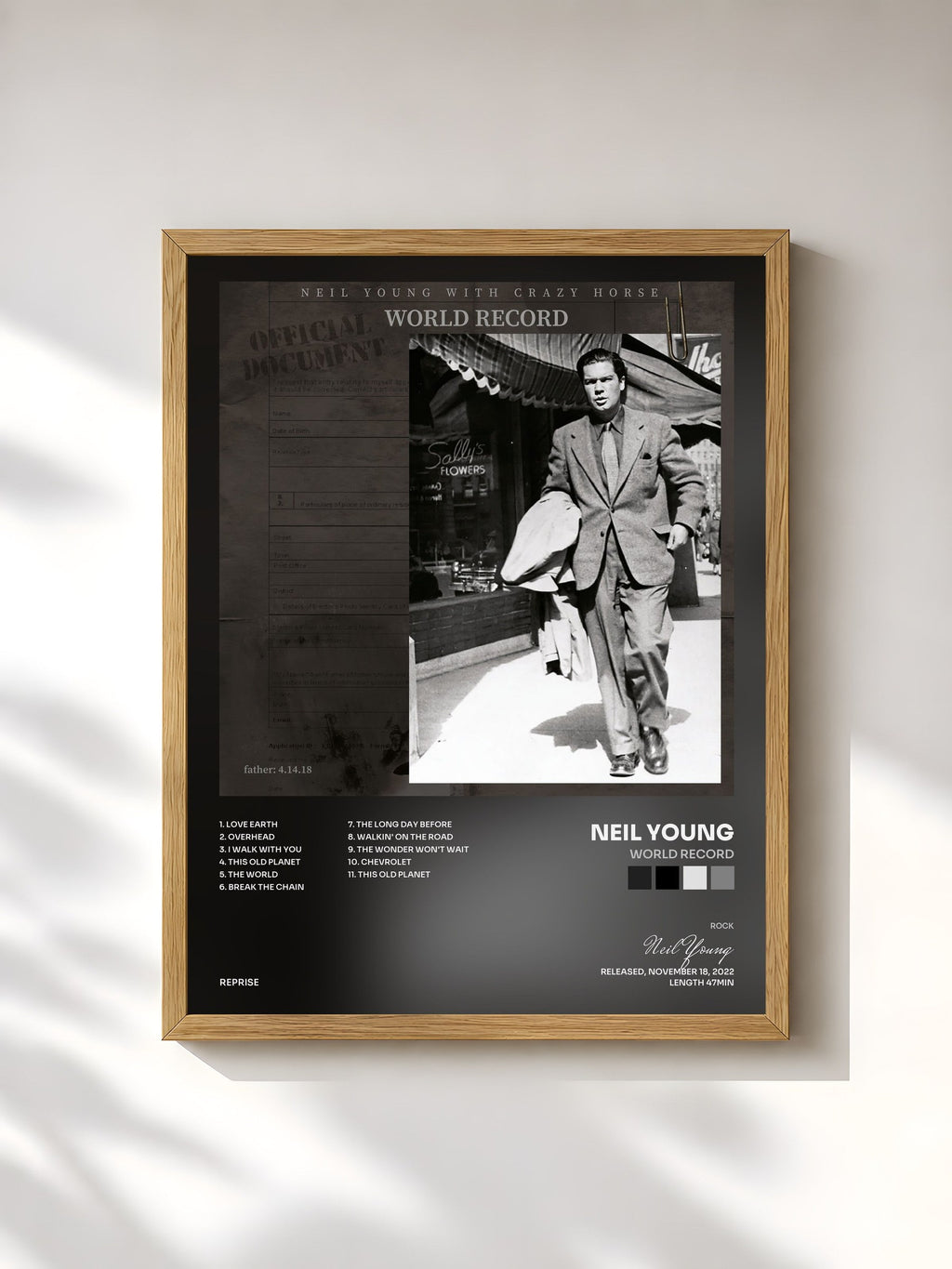 #bois Tableau de l'album World Record de Neil Young, cadre en bois brut, imprimé et encadré en France