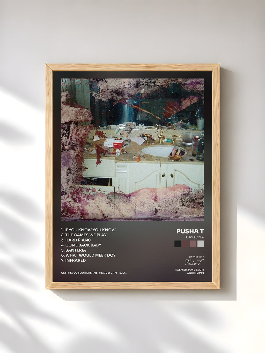 #bois Tableau de l'album DAYTONA de Pusha T, cadre en bois brut, imprimé et encadré en France