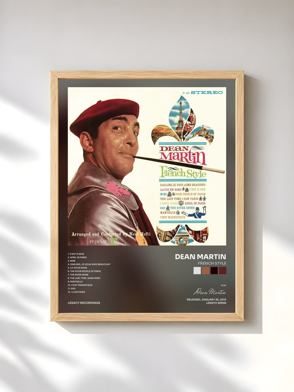 #bois Tableau de l'album French Style de Dean Martin, cadre en bois brut, imprimé et encadré en France