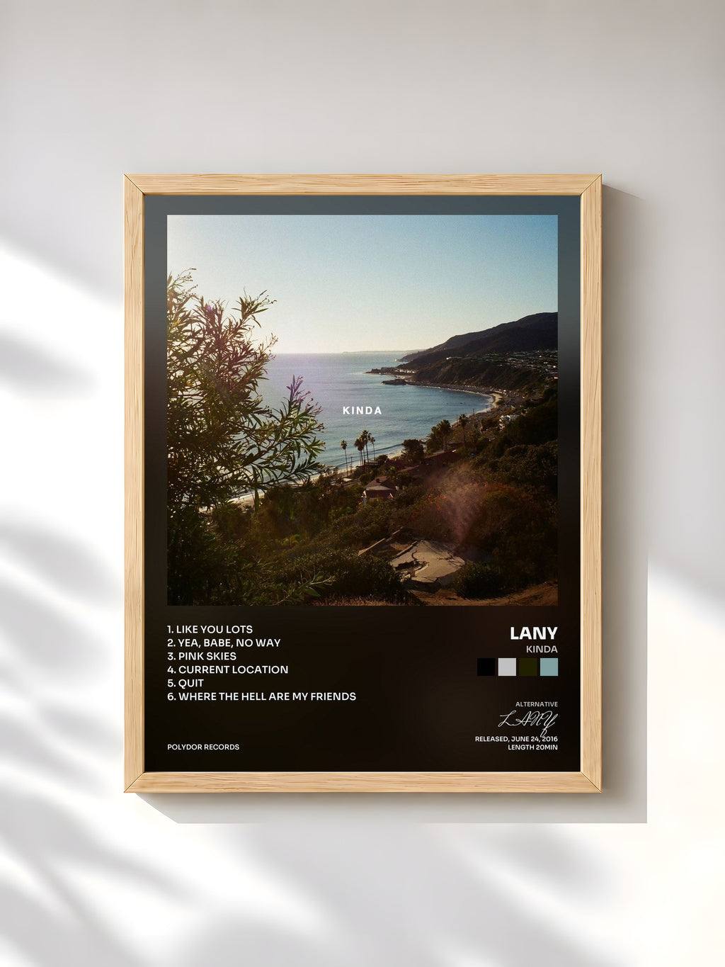 #bois Tableau de l'album kinda de LANY, cadre en bois brut, imprimé et encadré en France