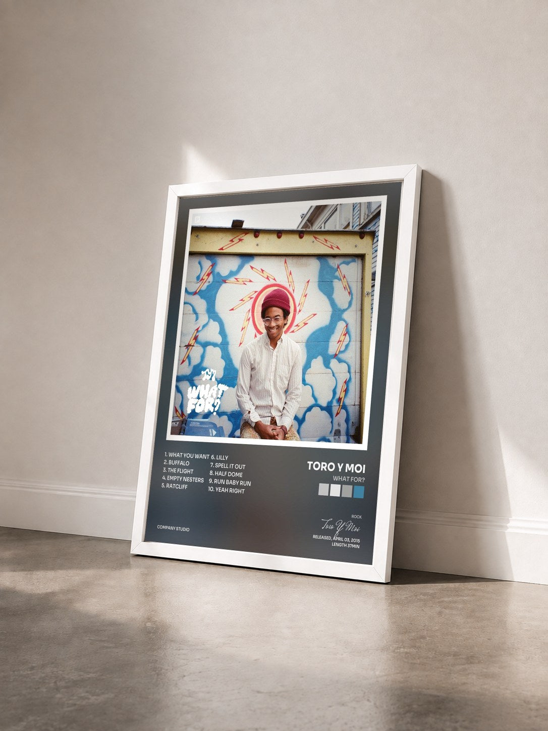 #blanc Tableau de l'album What For? de Toro Y Moi vu de trois quarts, cadre blanc