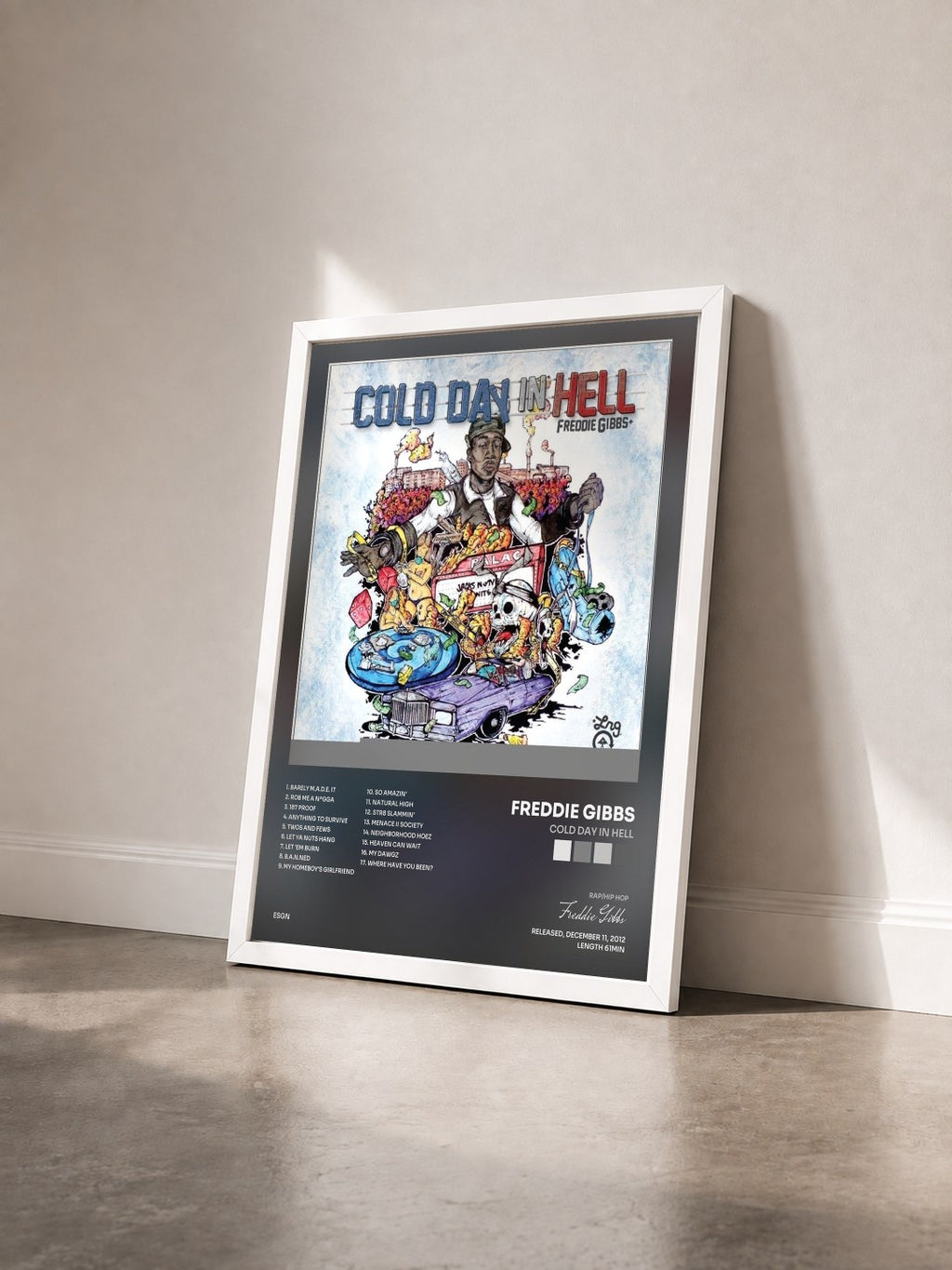 #blanc Tableau de l'album Cold Day In Hell de Freddie Gibbs vu de trois quarts, cadre blanc