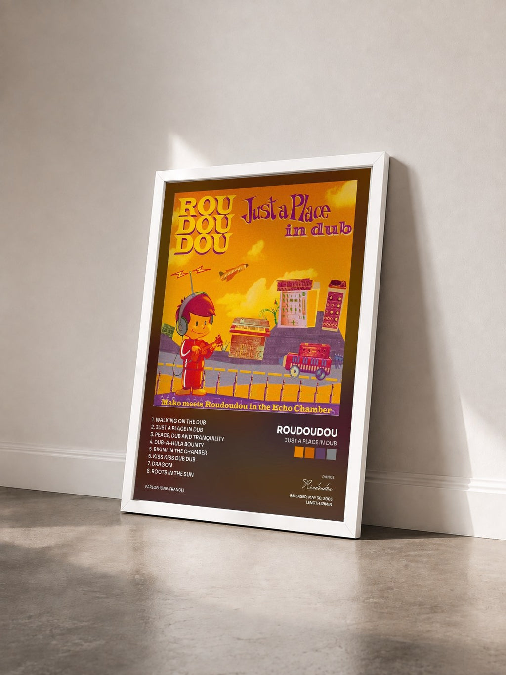 #blanc Tableau de l'album Just a Place in Dub de Roudoudou vu de trois quarts, cadre blanc