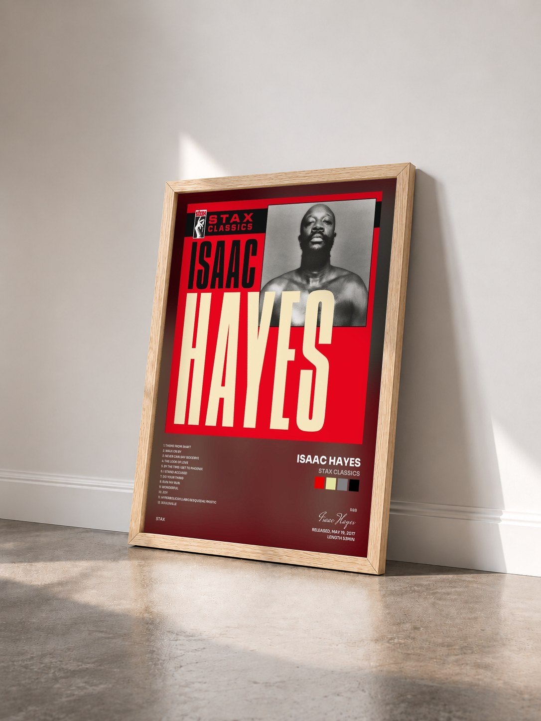 #bois Tableau de l'album Stax Classics de Isaac Hayes vu de trois quarts, cadre en bois brut
