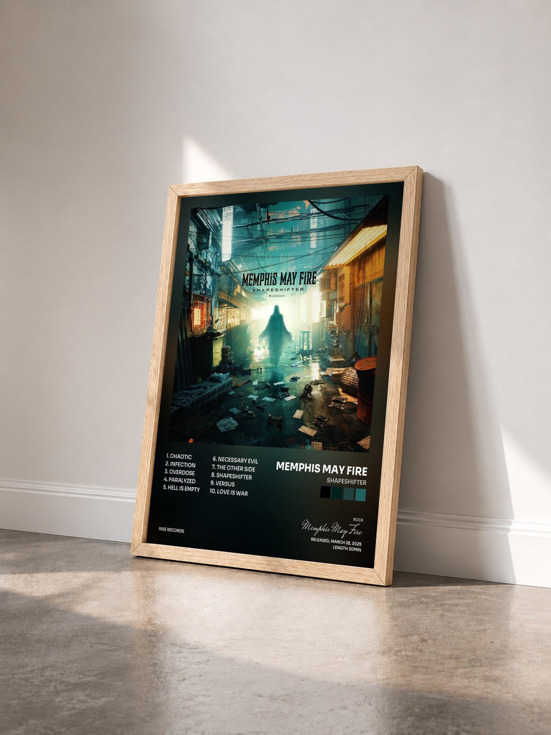 #bois Tableau de l'album Shapeshifter de Memphis May Fire vu de trois quarts, cadre en bois brut