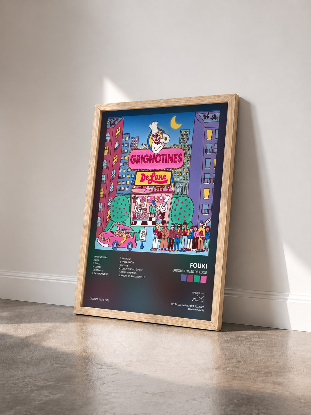 #bois Tableau de l'album Grignotines de Luxe de FouKi vu de trois quarts, cadre en bois brut