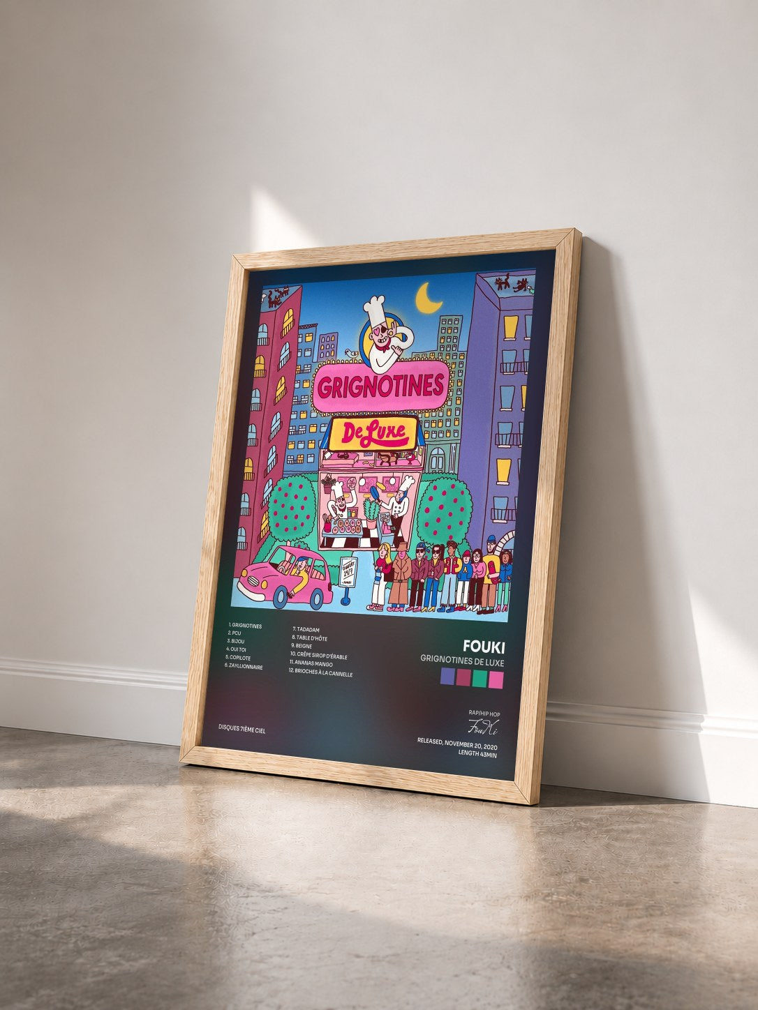 #bois Tableau de l'album Grignotines de Luxe de FouKi vu de trois quarts, cadre en bois brut