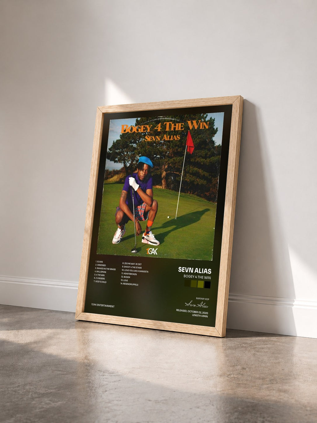 #bois Tableau de l'album Bogey 4 the Win de Sevn Alias vu de trois quarts, cadre en bois brut