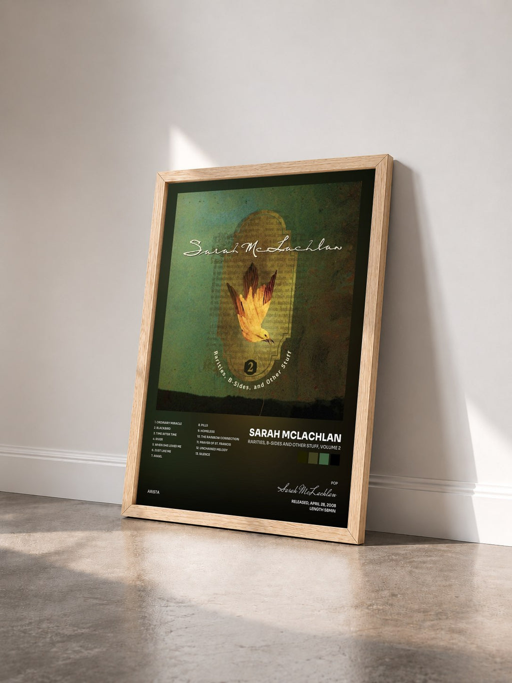 #bois Tableau de l'album Rarities, B-Sides and Other Stuff, Volume 2 de Sarah McLachlan vu de trois quarts, cadre en bois brut