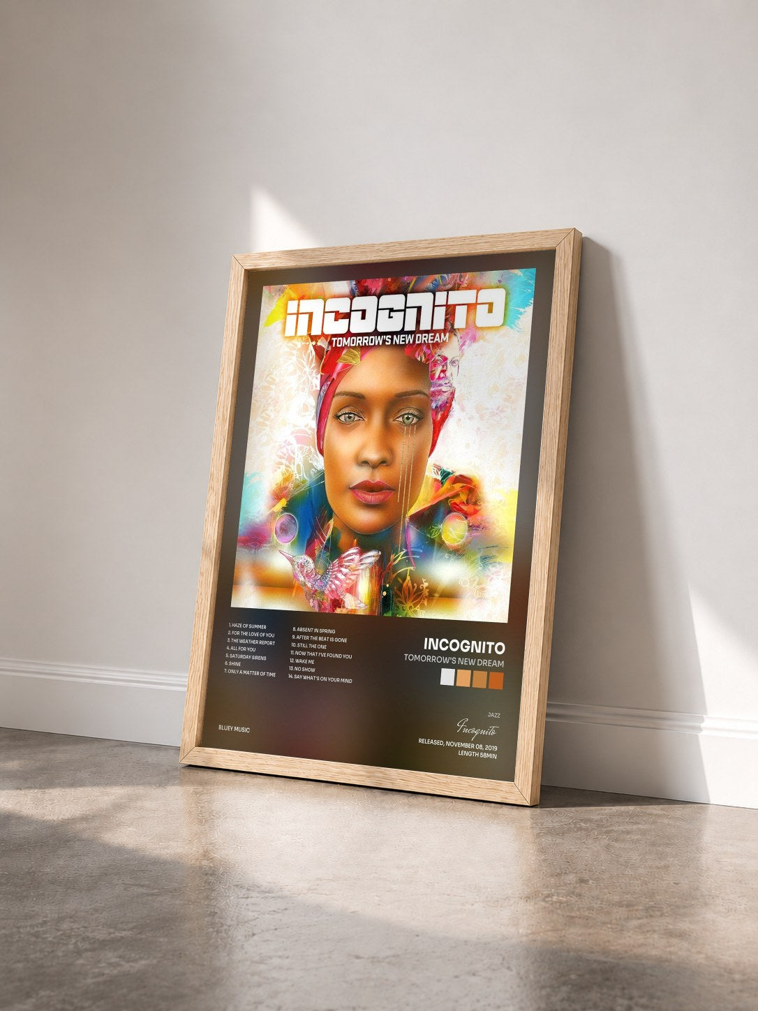 #bois Tableau de l'album Tomorrow's New Dream de Incognito vu de trois quarts, cadre en bois brut
