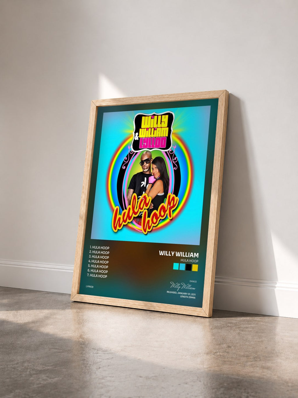#bois Tableau de l'album Hula Hoop de Willy William vu de trois quarts, cadre en bois brut