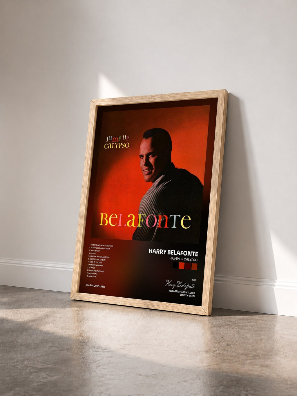 #bois Tableau de l'album Jump Up Calypso de Harry Belafonte vu de trois quarts, cadre en bois brut