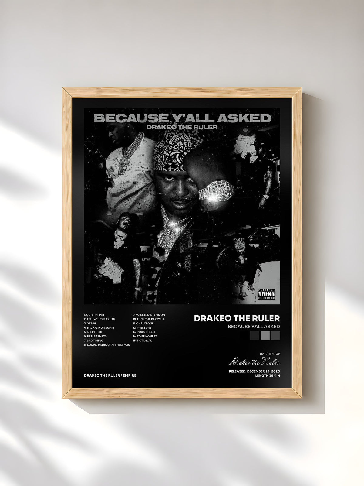 #bois Tableau de l'album Because Yall Asked de Drakeo the Ruler, cadre en bois brut, imprimé et encadré en France
