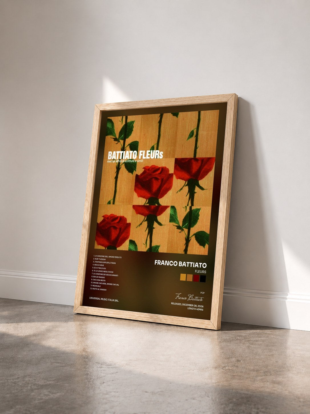 #bois Tableau de l'album Fleurs de Franco Battiato vu de trois quarts, cadre en bois brut