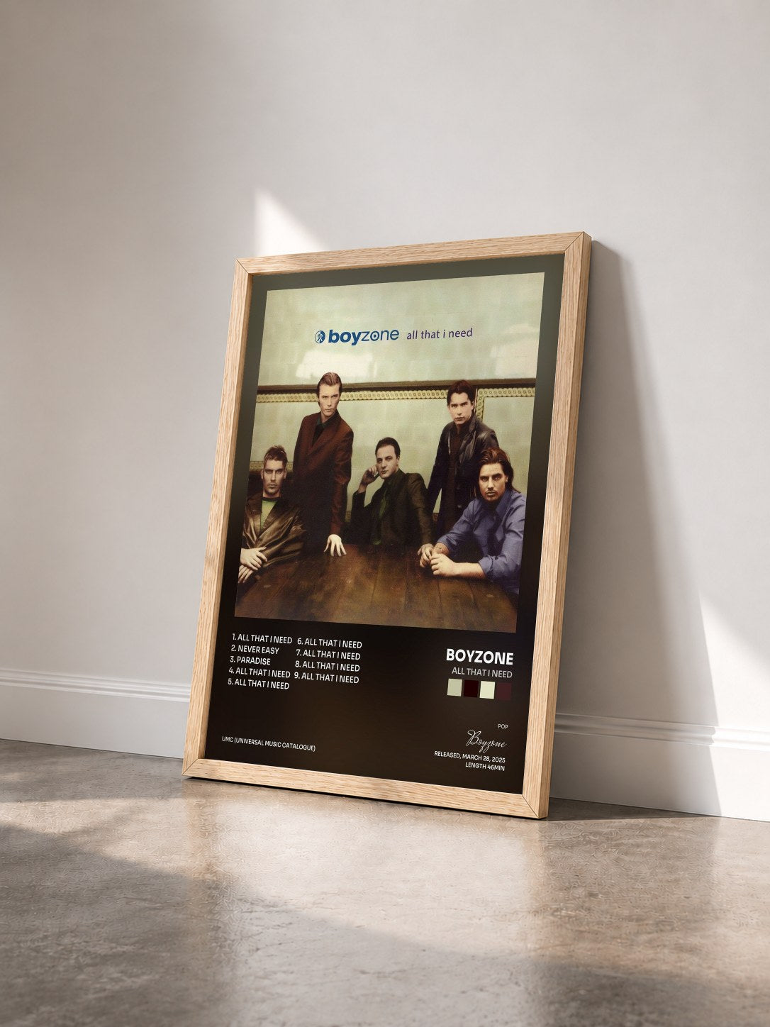 #bois Tableau de l'album All That I Need de Boyzone vu de trois quarts, cadre en bois brut