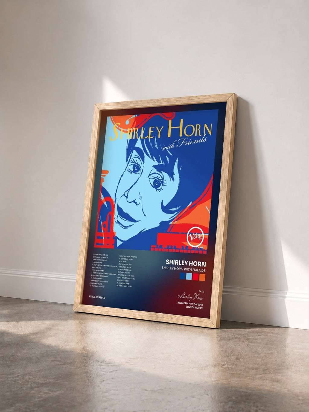 #bois Tableau de l'album Shirley Horn With Friends de Shirley Horn vu de trois quarts, cadre en bois brut