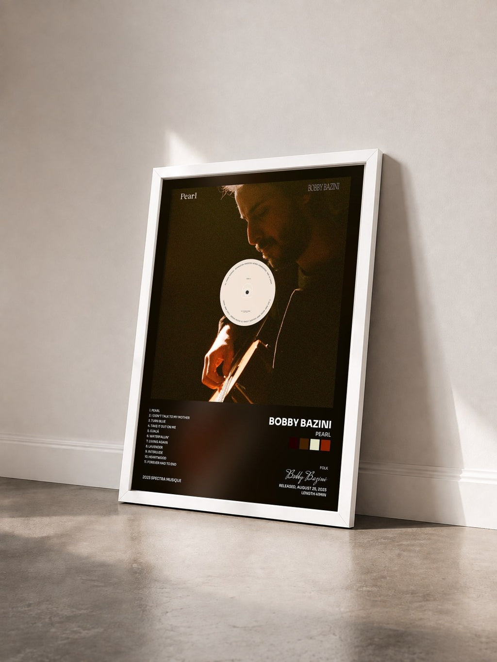 #blanc Tableau de l'album Pearl de Bobby Bazini vu de trois quarts, cadre blanc
