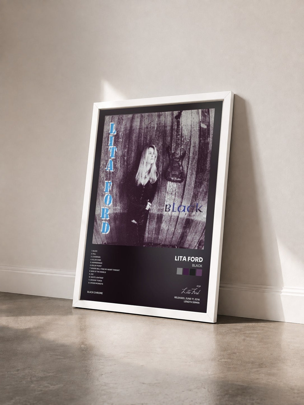 #blanc Tableau de l'album Black de Lita Ford vu de trois quarts, cadre blanc