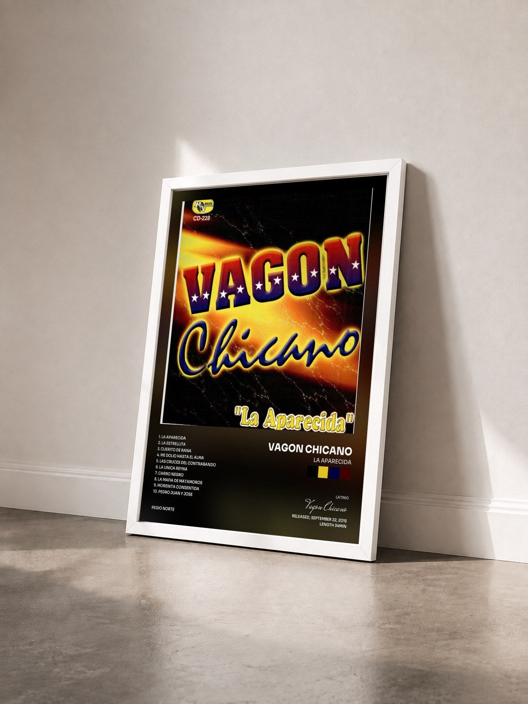 #blanc Tableau de l'album La Aparecida de Vagon Chicano vu de trois quarts, cadre blanc