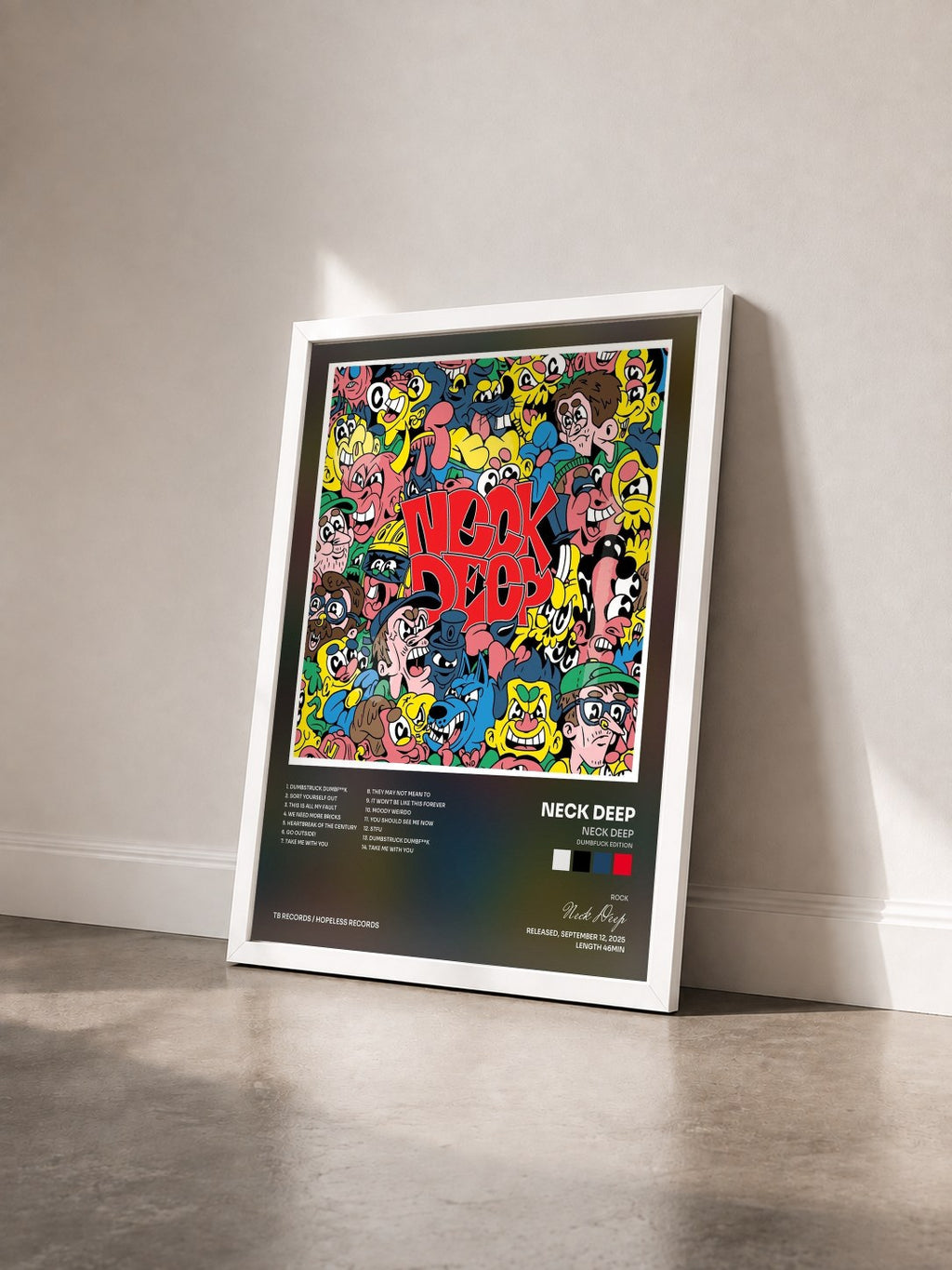 #blanc Tableau de l'album Neck Deep (Dumbfuck Edition) de Neck Deep vu de trois quarts, cadre blanc