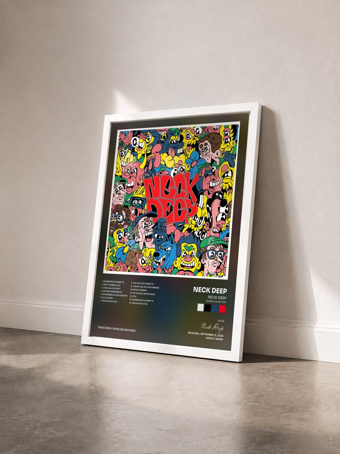 #blanc Tableau de l'album Neck Deep (Dumbfuck Edition) de Neck Deep vu de trois quarts, cadre blanc
